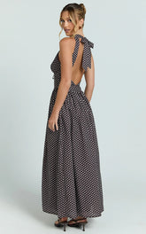 Abby Midi Dress - Sleeveless V-Neckline Dress in Chocolate Polkadot