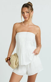 Mardie Two Piece Set - Pin Tuck Strapless Top and Short Set in White
