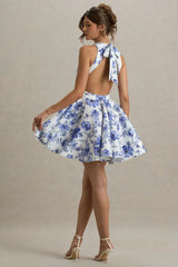 Waverly | Blue Floral Racer-Neck Sleeveless Skater Mini Dress