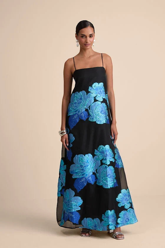 Yavanna Black and Blue Floral Jacquard Shift Maxi Dress